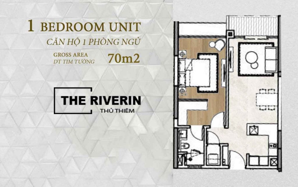Mặt bằng căn hộ 1 phòng ngủ The Riverin Thủ Thiêm